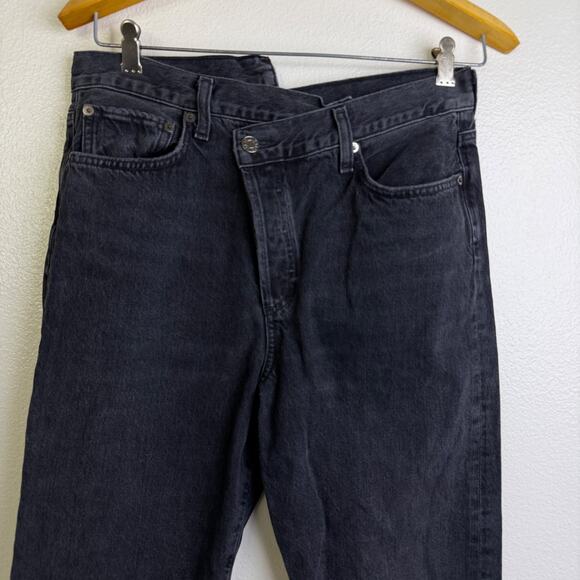 Agolde Criss Cross High Waist Jeans 29 Womens Black Shambles Cotton Frayed - Picture 3 of 10